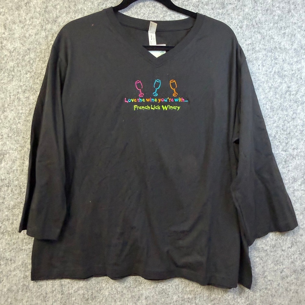 Up North French Lick Winery‎ Black V-Neck 3/4 Sleeve Cotton T-Shirt Womens 2XL